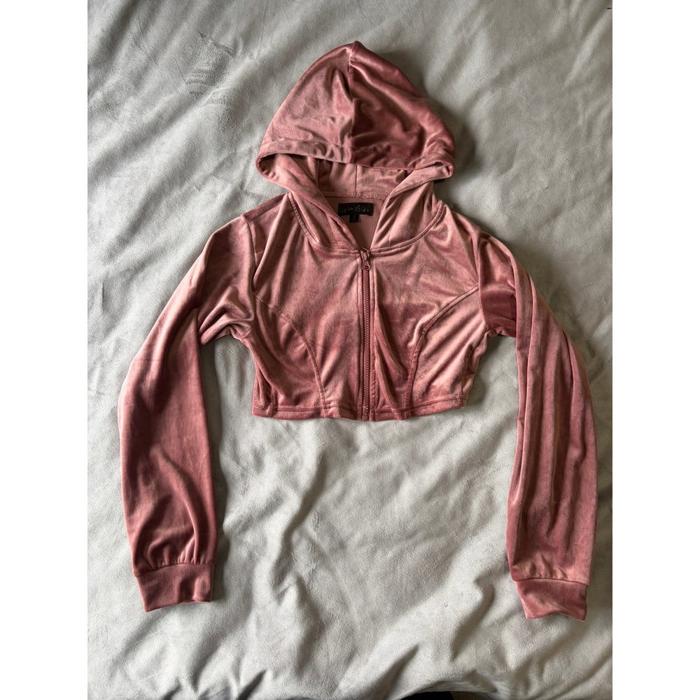 Vivre La Vie Womens Velvet Cropped Zip Up Hoodie Mauve Pink Size Small Y2K Style